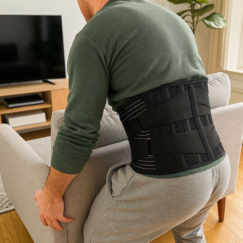 Person wearing a lumbar back brace in a living room setting